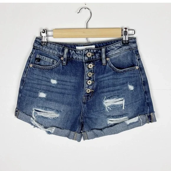 Kancan Denim Shorts Size 25 Exposed Button Fly Distressed Medium Wash - Picture 1 of 6